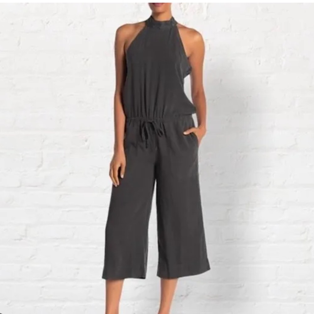 New Cloth & Stone Grey Gauze Halter Hight Neck Sleeveless Drawstring Jumpsuit S